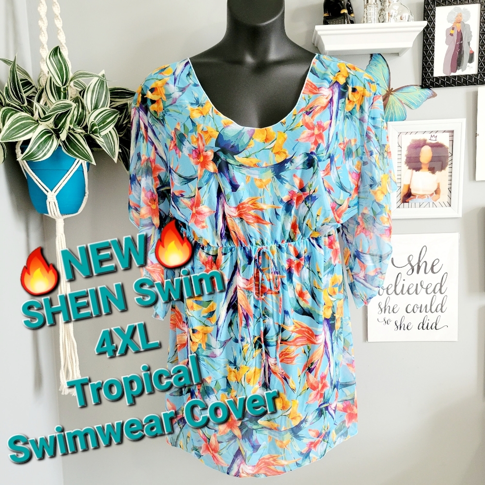 🔥New Shein Curve 4XL Tropical Swimwear Cover
